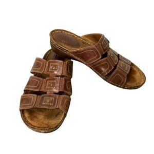 Montana Leather Sandals Slip On Wedge Flat Brown Tan Womens 7 1/2 M Comfort
